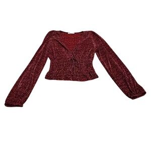 Zara Red Black Animal Print Pleated Smocked Peplum Blouse Top V-Neck Tie Medium